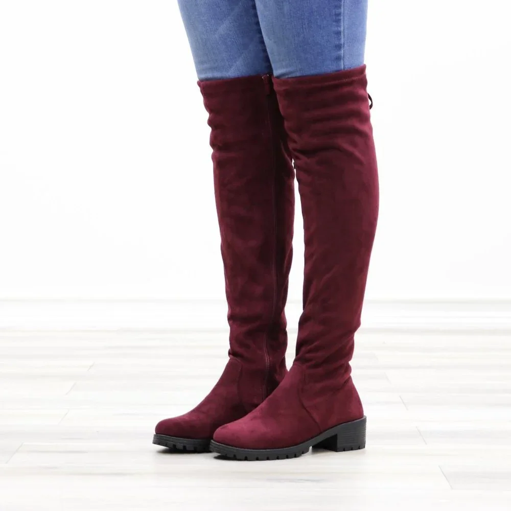 Wine Lug Sole Thigh High Boots Back Lace Tie - Picture 13 of 14